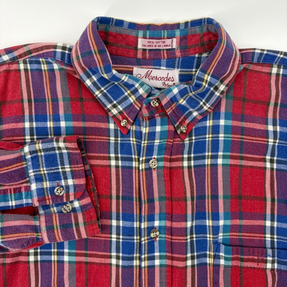 Mercedes Enro Shirt Mens XL Plaid Button Down Red Blue Cotton Flannel Layer